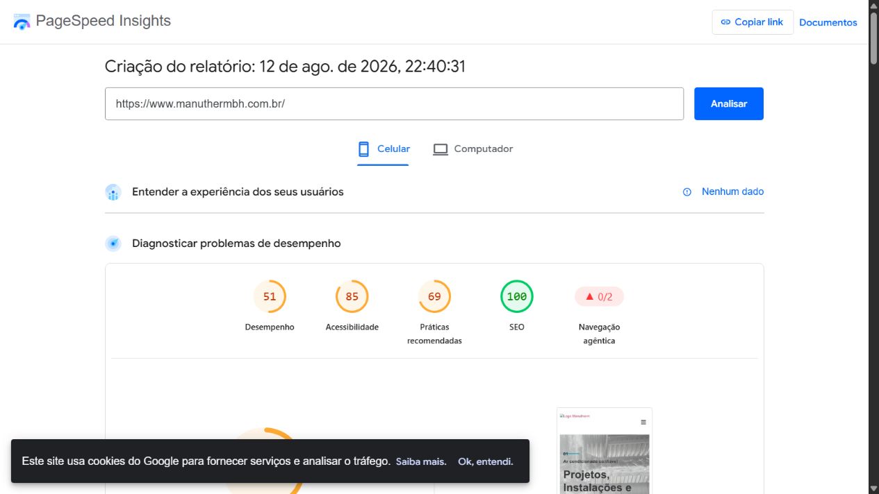 Resultado móvel do PageSpeed Insights para Manutherm