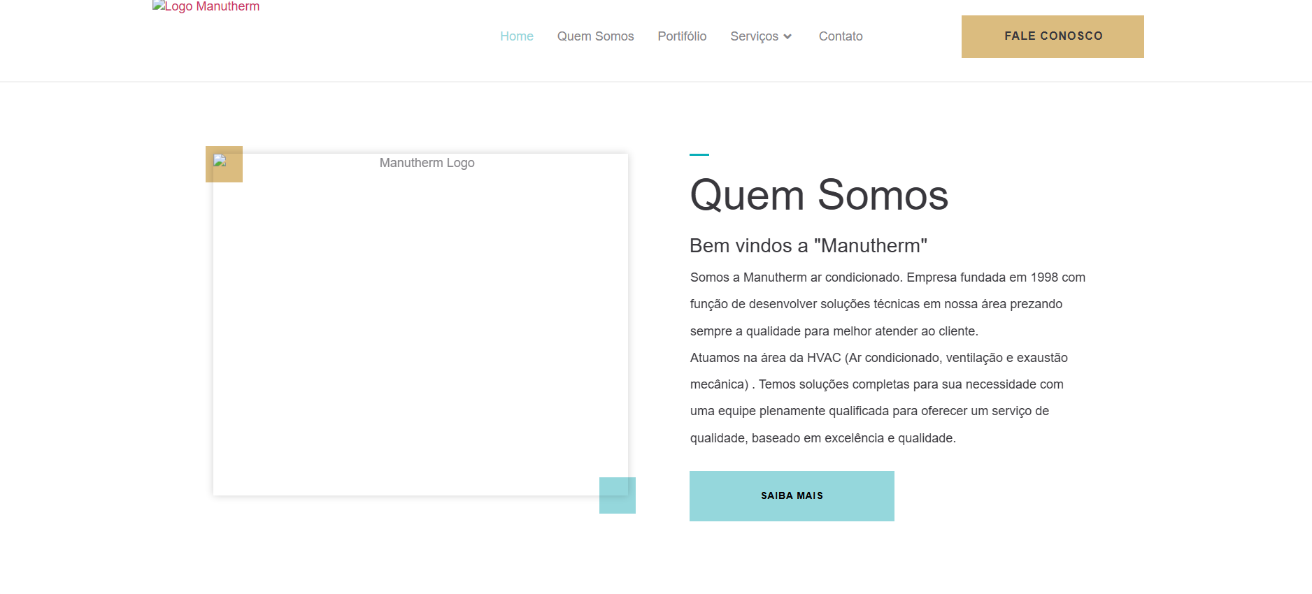 Seção Quem Somos da Manutherm com imagem e logotipo quebrados